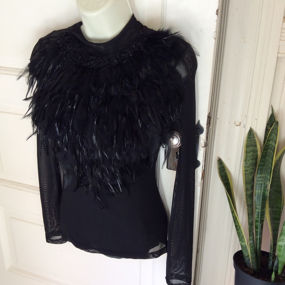 Extravagant feather long sleeve seethrough top NEW